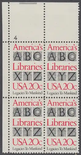 USA Michel 1595 / Scott 2015 postfrisch PLATEBLOCK ECKRAND oben links m/ Platten-# 4 - Büchereien