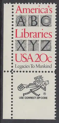 USA Michel 1595 / Scott 2015 postfrisch EINZELMARKE ECKRAND unten links m/ ZIP-Emblem - Büchereien