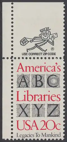 USA Michel 1595 / Scott 2015 postfrisch EINZELMARKE ECKRAND oben links m/ ZIP-Emblem - Büchereien
