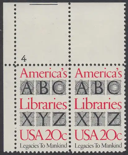 USA Michel 1595 / Scott 2015 postfrisch horiz.PAAR ECKRAND oben links m/ Platten-# 4 - Büchereien