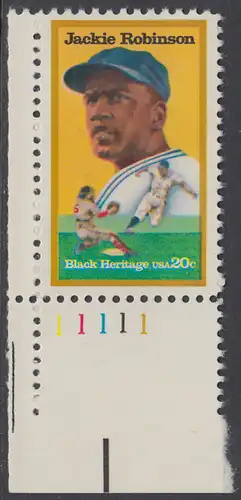 USA Michel 1596 / Scott 2016 postfrisch EINZELMARKE ECKRAND unten links m/ Platten-# 11111 - Schwarzamerikanisches Erbe: Jackie Robinson (1919-1972), Baseballspieler