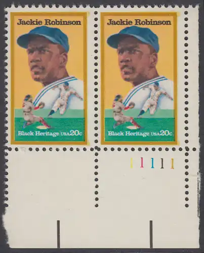 USA Michel 1596 / Scott 2016 postfrisch horiz.PAAR ECKRAND unten rechts m/ Platten-# 11111 - Schwarzamerikanisches Erbe: Jackie Robinson (1919-1972), Baseballspieler