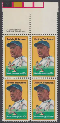 USA Michel 1596 / Scott 2016 postfrisch BLOCK RÄNDER oben m/ copyright symbol - Schwarzamerikanisches Erbe: Jackie Robinson (1919-1972), Baseballspieler