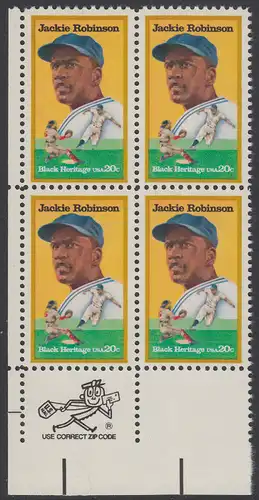 USA Michel 1596 / Scott 2016 postfrisch ZIP-BLOCK (ll) - Schwarzamerikanisches Erbe: Jackie Robinson (1919-1972), Baseballspieler