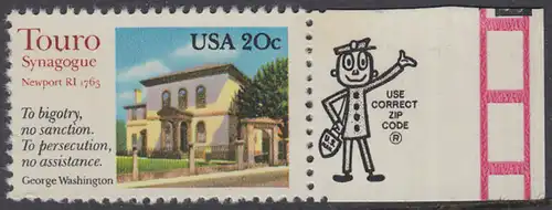 USA Michel 1598 / Scott 2017 postfrisch EINZELMARKE RAND rechts m/ ZIP-Emblem - Touro-Synagoge, Newport, RI