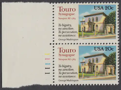 USA Michel 1598 / Scott 2017 postfrisch vert.PAAR RÄNDER links m/ Platten-# 11111 - Touro-Synagoge, Newport, RI