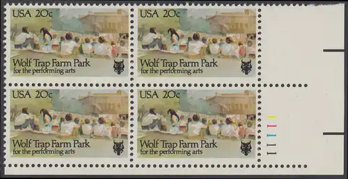 USA Michel 1599 / Scott 2018 postfrisch PLATEBLOCK ECKRAND unten rechts m/ Platten-# 11111 (b) - Wolf Trap Farm Park mit Theater, Vienna, VA