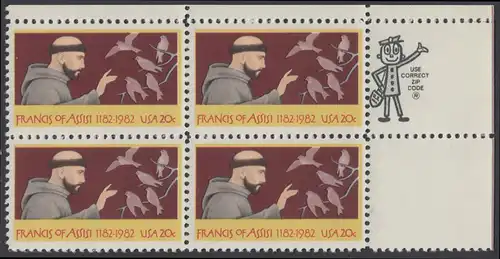 USA Michel 1604 / Scott 2023 postfrisch ZIP-BLOCK (ur) - 800. Geburtstag des hl. Franz von Assisi