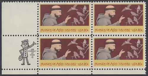 USA Michel 1604 / Scott 2023 postfrisch ZIP-BLOCK (ll) - 800. Geburtstag des hl. Franz von Assisi