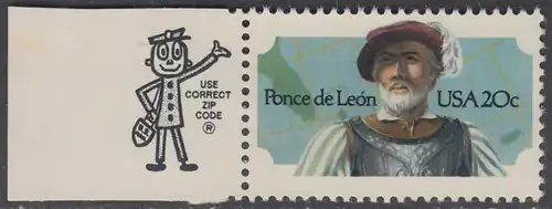 USA Michel 1605 / Scott 2024 postfrisch EINZELMARKE links m/ Zip-Emblem - Juan Ponce de León (um 1460-1521), Entdecker von Florida