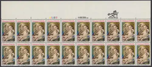 USA Michel 1606 / Scott 2026 postfrisch horiz.PLATEBLOCK(20) RÄNDER oben m/ Platten-# 22222 - Weihnachten: Madonna und Kind