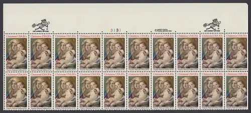 USA Michel 1606 / Scott 2026 postfrisch horiz.PLATEBLOCK(20) RÄNDER oben m/ Platten-# 13131 - Weihnachten: Madonna und Kind