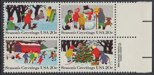 USA Michel 1607-1610 / Scott 2027-2030 postfrisch BLOCK RÄNDER rechts m/ copyright symbol - Weihnachten
