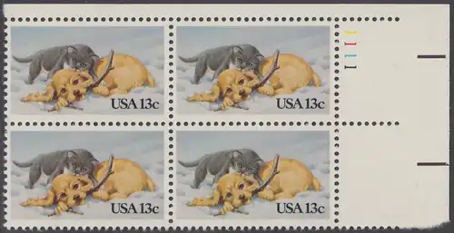 USA Michel 1611 / Scott 2025 postfrisch PLATEBLOCK ECKRAND oben rechts m/ Platten-# 1111 - Grußmarke: Kätzchen und Hündchen