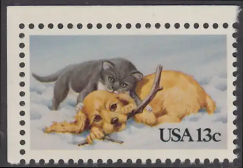 USA Michel 1611 / Scott 2025 postfrisch EINZELMARKE ECKRAND oben links - Grußmarke: Kätzchen und Hündchen