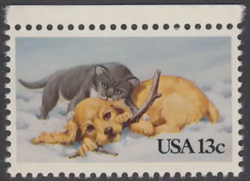 USA Michel 1611 / Scott 2025 postfrisch EINZELMARKE RAND oben - Grußmarke: Kätzchen und Hündchen