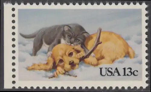 USA Michel 1611 / Scott 2025 postfrisch EINZELMARKE RAND links - Grußmarke: Kätzchen und Hündchen