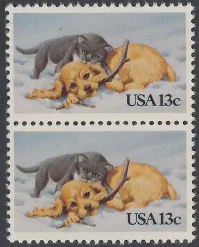 USA Michel 1611 / Scott 2025 postfrisch vert.PAAR - Grußmarke: Kätzchen und Hündchen