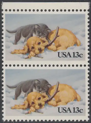 USA Michel 1611 / Scott 2025 postfrisch vert.PAAR RAND oben - Grußmarke: Kätzchen und Hündchen