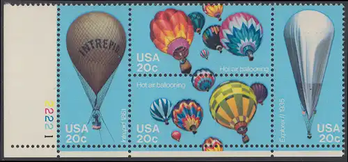 USA Michel 1617-1620 / Scott 2032-2035 postfrisch PLATEBLOCK ECKRAND unten links m/ Platten-# 22221 - Luftfahrt: Start zu einer Ballonwettfahrt