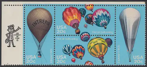 USA Michel 1617-1620 / Scott 2032-2035 postfrisch ZIP-BLOCK (ul) - Luftfahrt: Start zu einer Ballonwettfahrt