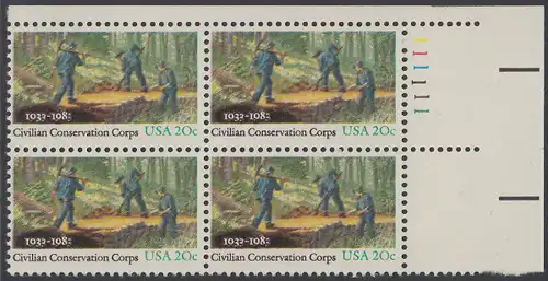 USA Michel 1621 / Scott 2037 postfrisch PLATEBLOCK ECKRAND oben rechts m/ Platten-# 111111 (a) - Civilian Conservation Corps (CCC): Anlegen eines Waldweges