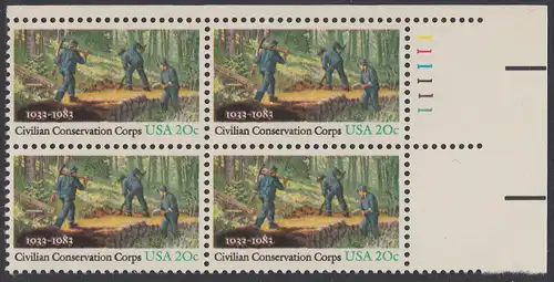 USA Michel 1621 / Scott 2037 postfrisch PLATEBLOCK ECKRAND oben rechts m/ Platten-# 111111 (b) - Civilian Conservation Corps (CCC): Anlegen eines Waldweges