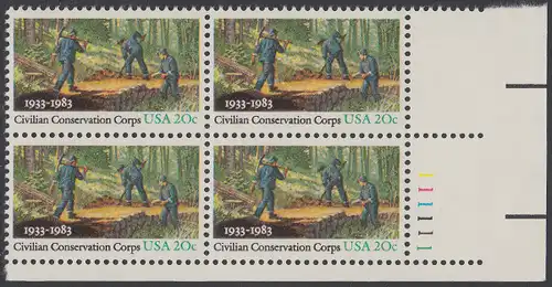 USA Michel 1621 / Scott 2037 postfrisch PLATEBLOCK ECKRAND unten rechts m/ Platten-# 111111 - Civilian Conservation Corps (CCC): Anlegen eines Waldweges
