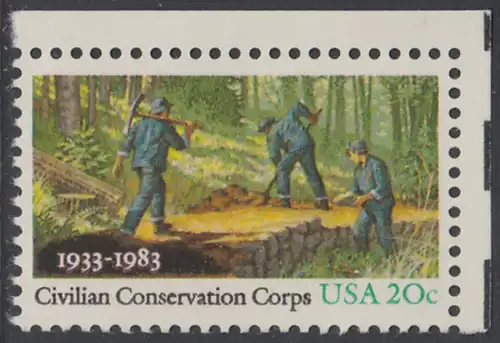 USA Michel 1621 / Scott 2037 postfrisch EINZELMARKE ECKRAND oben rechts - Civilian Conservation Corps (CCC): Anlegen eines Waldweges