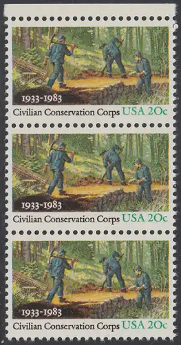 USA Michel 1621 / Scott 2037 postfrisch vert.STRIP(3) RAND oben - Civilian Conservation Corps (CCC): Anlegen eines Waldweges