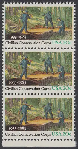 USA Michel 1621 / Scott 2037 postfrisch vert.STRIP(3) RAND unten - Civilian Conservation Corps (CCC): Anlegen eines Waldweges