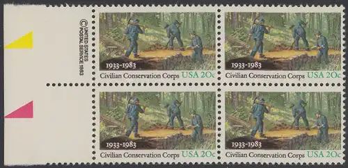 USA Michel 1621 / Scott 2037 postfrisch BLOCK RÄNDER links m/ copyright symbol - Civilian Conservation Corps (CCC): Anlegen eines Waldweges