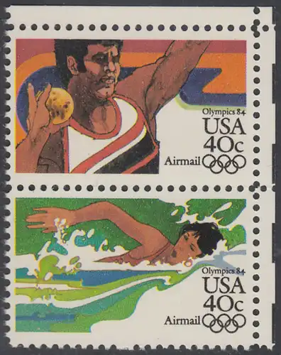 USA Michel 1622+1624 / Scott C105+C107 postfrisch vert.PAAR ECKRAND oben rechts - Olympische Sommerspiele 1984, Los Angeles