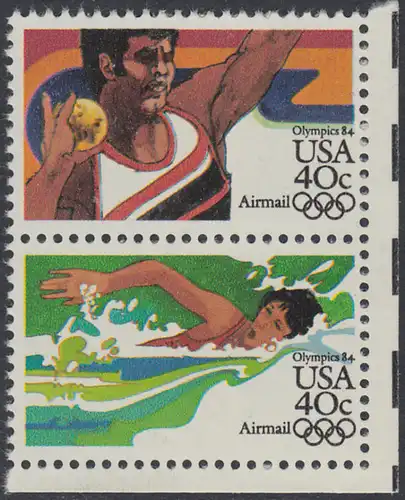 USA Michel 1622+1624 / Scott C105+C107 postfrisch vert.PAAR ECKRAND unten rechts - Olympische Sommerspiele 1984, Los Angeles