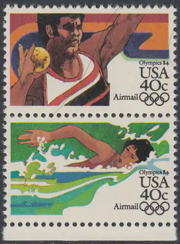 USA Michel 1622+1624 / Scott C105+C107 postfrisch vert.PAAR RAND unten - Olympische Sommerspiele 1984, Los Angeles