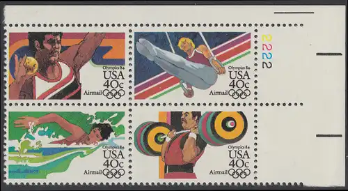 USA Michel 1622-1625 / Scott C105-C108 postfrisch PLATEBLOCK ECKRAND oben rechts m/ Platten-# 2222 (c) - Olympische Sommerspiele 1984, Los Angeles

