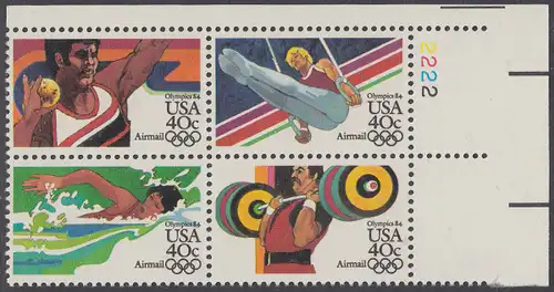 USA Michel 1622-1625 / Scott C105-C108 postfrisch PLATEBLOCK ECKRAND oben rechts m/ Platten-# 2222 (b) - Olympische Sommerspiele 1984, Los Angeles