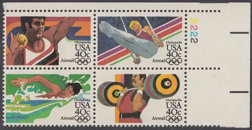 USA Michel 1622-1625 / Scott C105-C108 postfrisch PLATEBLOCK ECKRAND oben rechts m/ Platten-# 2222 (a) - Olympische Sommerspiele 1984, Los Angeles