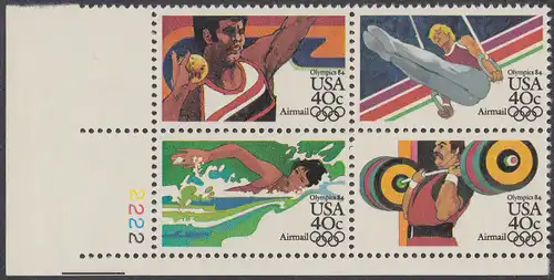 USA Michel 1622-1625 / Scott C105-C108 postfrisch PLATEBLOCK ECKRAND unten links m/ Platten-# 2222 (a) - Olympische Sommerspiele 1984, Los Angeles