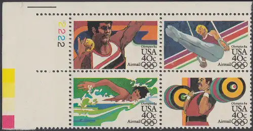 USA Michel 1622-1625 / Scott C105-C108 postfrisch PLATEBLOCK ECKRAND oben links m/ Platten-# 2222 - Olympische Sommerspiele 1984, Los Angeles