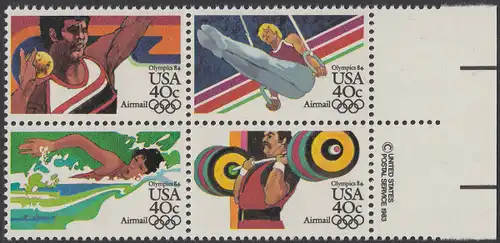 USA Michel 1622-1625 / Scott C105-C108 postfrisch BLOCK RÄNDER rechts m/ copyright symbol - Olympische Sommerspiele 1984, Los Angeles