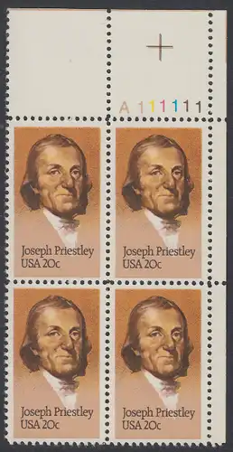 USA Michel 1626 / Scott 2038 postfrisch PLATEBLOCK ECKRAND oben rechts m/ Platten-# A111111 (b) - 250. Geburtstag von Josef Priestley, Chemiker