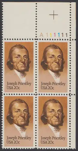USA Michel 1626 / Scott 2038 postfrisch PLATEBLOCK ECKRAND oben rechts m/ Platten-# A111111 (c) - 250. Geburtstag von Josef Priestley, Chemiker