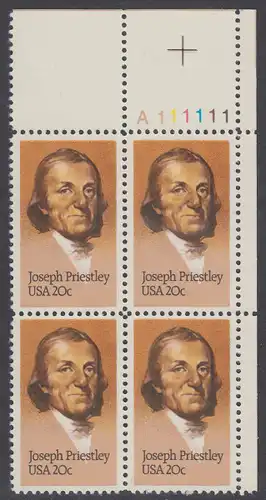 USA Michel 1626 / Scott 2038 postfrisch PLATEBLOCK ECKRAND oben rechts m/ Platten-# A111111 (a) - 250. Geburtstag von Josef Priestley, Chemiker
