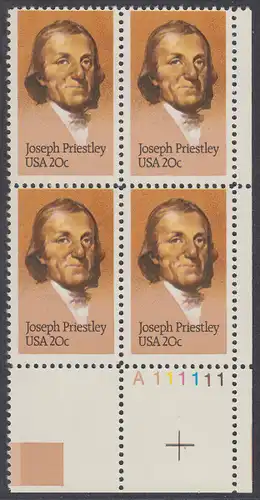 USA Michel 1626 / Scott 2038 postfrisch PLATEBLOCK ECKRAND unten rechts m/ Platten-# A111111 - 250. Geburtstag von Josef Priestley, Chemiker