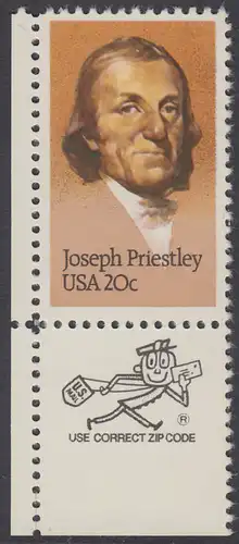 USA Michel 1626 / Scott 2038 postfrisch EINZELMARKE ECKRAND unten links m/ ZIP-Emblem - 250. Geburtstag von Josef Priestley, Chemiker