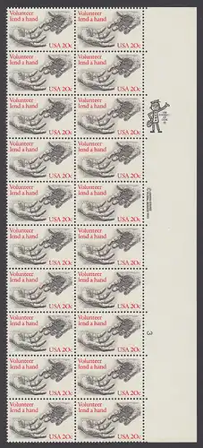 USA Michel 1627 / Scott 2039 postfrisch vert.PLATEBLOCK(20) RÄNDER rechts m/ Platten-# 3 - Freiwillige Hilfe