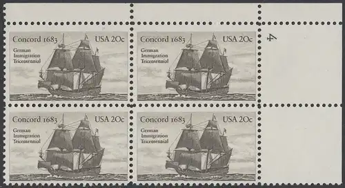 USA Michel 1628 / Scott 2040 postfrisch PLATEBLOCK ECKRAND oben rechts m/ Platten-# 4 - Jahrestag der Einwanderung der ersten Deutschen in Amerika: Einwanderer-Segelschiff Concord (1683)