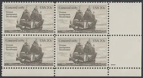 USA Michel 1628 / Scott 2040 postfrisch PLATEBLOCK ECKRAND unten rechts m/ Platten-# 1 (b) - Jahrestag der Einwanderung der ersten Deutschen in Amerika: Einwanderer-Segelschiff Concord (1683)