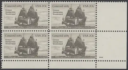 USA Michel 1628 / Scott 2040 postfrisch PLATEBLOCK ECKRAND unten rechts m/ Platten-# 1 (a) - Jahrestag der Einwanderung der ersten Deutschen in Amerika: Einwanderer-Segelschiff Concord (1683)